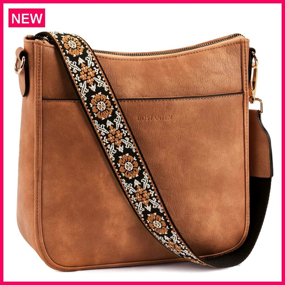 Vegan Leather Crossbody Hobo Bag with Wide Strap, Multiple Pockets